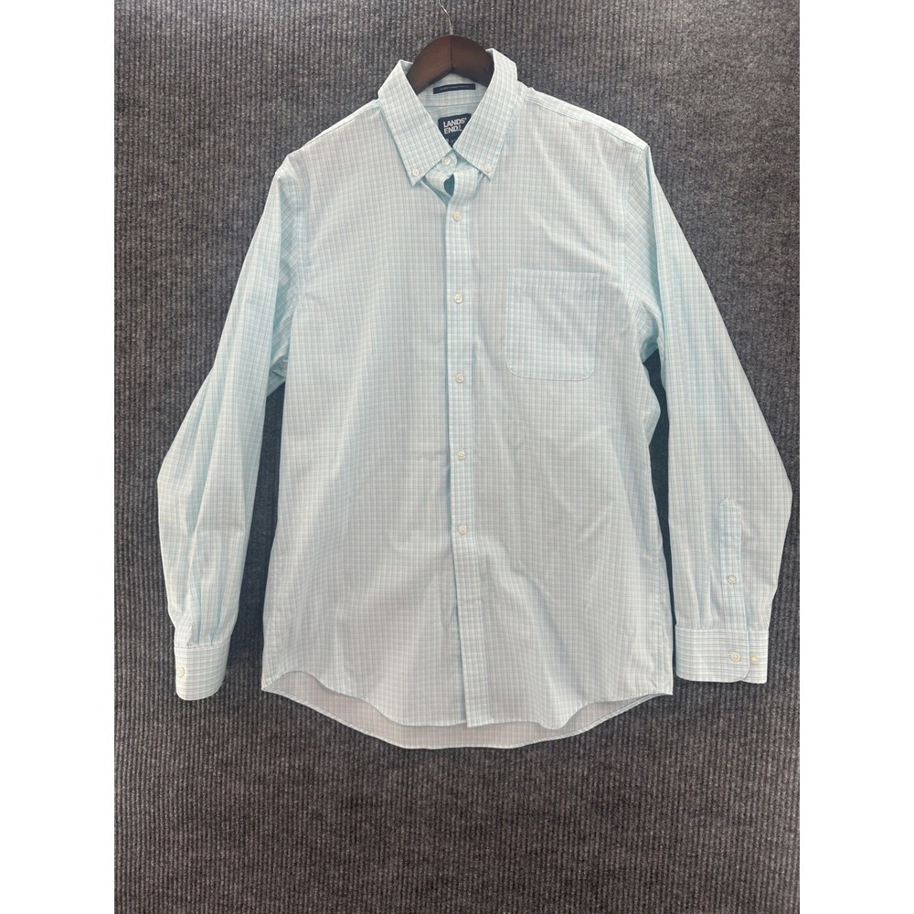 Lands' End Button Down Shirt Mens 16.5-35 Teal Check Excellent No Iron Supima